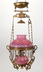 VICTORIAN OPALESCENT REVERSE SWIRL AND JEWELLED KEROSENE HANGING / LIBRARY LAMP