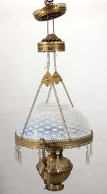 BRADLEY & HUBBARD OPALESCENT HOBNAIL AND BRASS KEROSENE HANGING / LIBRARY LAMP
