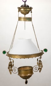 VICTORIAN BRASS AND JEWELED KEROSENE HANGING / LIBRARY LAMP