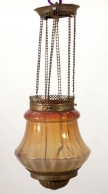 VICTORIAN OPALESCENT STRIPE AND BRASS KEROSENE HANGING HALL LAMP