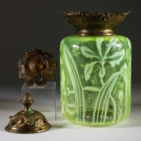 FLORAL OPALESCENT GLASS AND BRASS HANGING HALL LAMP
