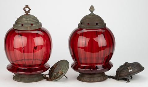 VICTORIAN PANEL OPTIC AND BRASS KEROSENE HANGING HALL LAMPS, PAIR