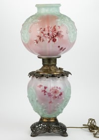 FOSTORIA "COLOGNE" WITH VICTORIAN TRANSFER-DECORATED PARLOR / GONE WITH THE WIND LAMP