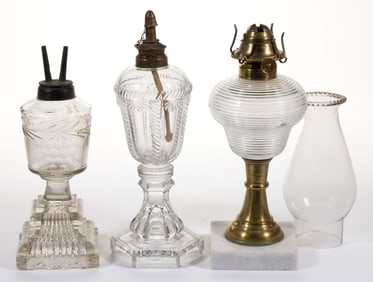 ASSORTED PATTERNED FLUID / KEROSENE AND WHALE-OIL STAND LAMPS, LOT OF THREE