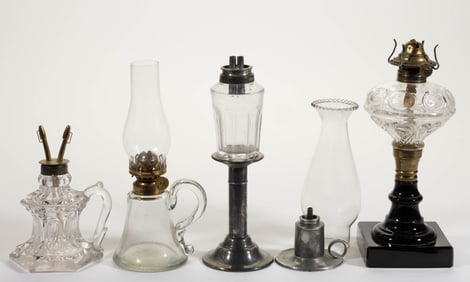 ASSORTED PATTERNED KEROSENE / WHALE OIL / FLUID LAMPS, LOT OF FIVE