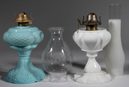 ASSORTED PATTERNED OPAQUE GLASS KEROSENE STAND LAMPS, LOT OF TWO