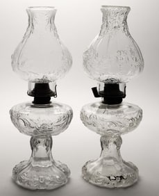 FLORAL EMBOSSED KEROSENE MASSIVE SEWING / STAND LAMPS, PAIR