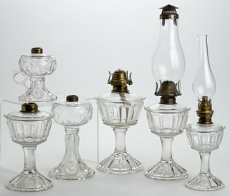 ASSORTED PATTERNED KEROSENE LAMPS, LOT OF SIX