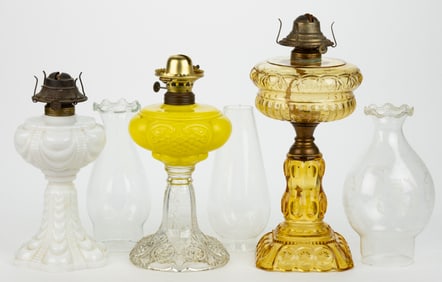 ASSORTED PATTERNED KEROSENE STAND LAMPS, LOT OF THREE