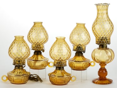 FOSTORIA GLASS CO. COIN KEROSENE LAMPS, LOT OF FIVE