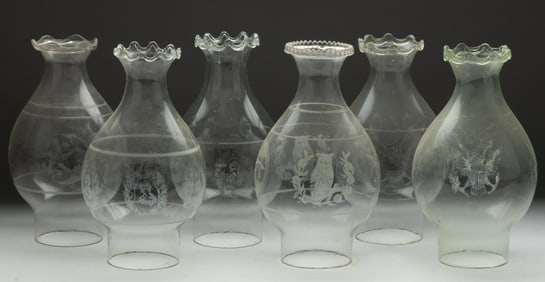 ASSORTED ETCHED NO. 2 KEROSENE BULGE-FORM CHIMNEYS, LOT OF SIX