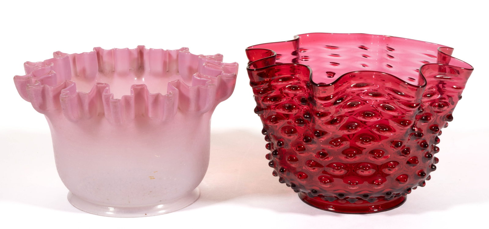 VICTORIAN GLASS LAMP / GAS LIGHT SHADES, LOT OF TWO: VICTORIAN GLASS LAMP / GAS LIGHT SHADES, LOT OF TWO, comprising a plate-etched shaded peach opalescent example with a tightly crimped top and 5" D fitter; and a Dewdrop / Hobnail cranberry example wit