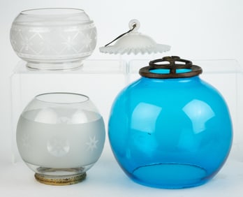 ASSORTED GLASS KEROSENE LAMP SHADES, LOT OF FOUR
