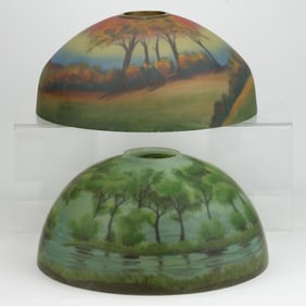 ASSORTED REVERSE PAINTED GLASS ELECTRIC LAMP SHADES, LOT OF TWO