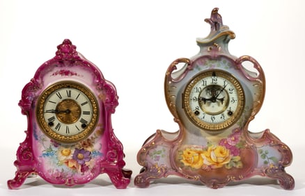 ANSONIA CHINA CASE MANTLE / SHELF CLOCKS, LOT OF TWO
