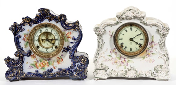 ANSONIA CHINA CASE MANTLE / SHELF CLOCKS, LOT OF TWO