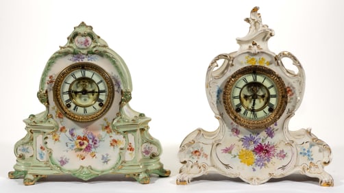 ANSONIA CHINA CASE MANTLE / SHELF CLOCKS, LOT OF TWO
