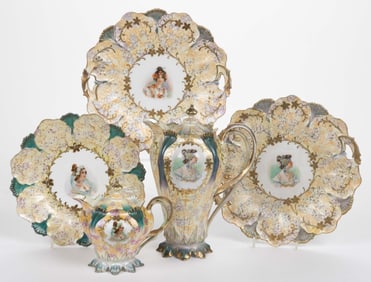 ROYAL VIENNA / R.S. PRUSSIA-STYLE PORCELAIN ART NOUVEAU WOMEN MOTIF ARTICLES, LOT OF FIVE