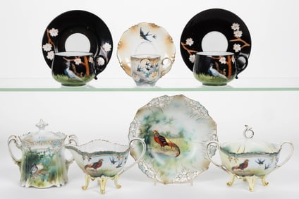 R.S. PRUSSIA AND OTHER PORCELAIN BIRD MOTIF TEA ARTICLES, LOT OF SEVEN