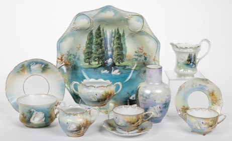 R.S. PRUSSIA PORCELAIN SWAN MOTIF ARTICLES, LOT OF EIGHT