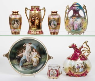 R.S. PRUSSIA AND OTHER PORCELAIN SCENIC FIGURES MOTIF ARTICLES, LOT OF SEVEN