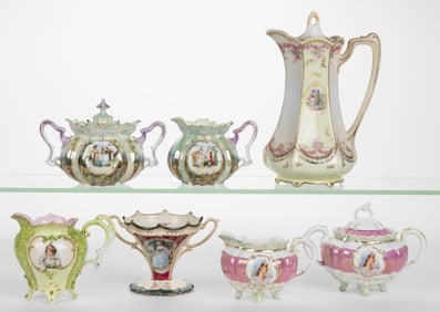 R.S. PRUSSIA AND OTHER PORCELAIN TRANSFER PORTRAIT / SCENIC MOTIF ARTICLES, LOT OF SEVEN