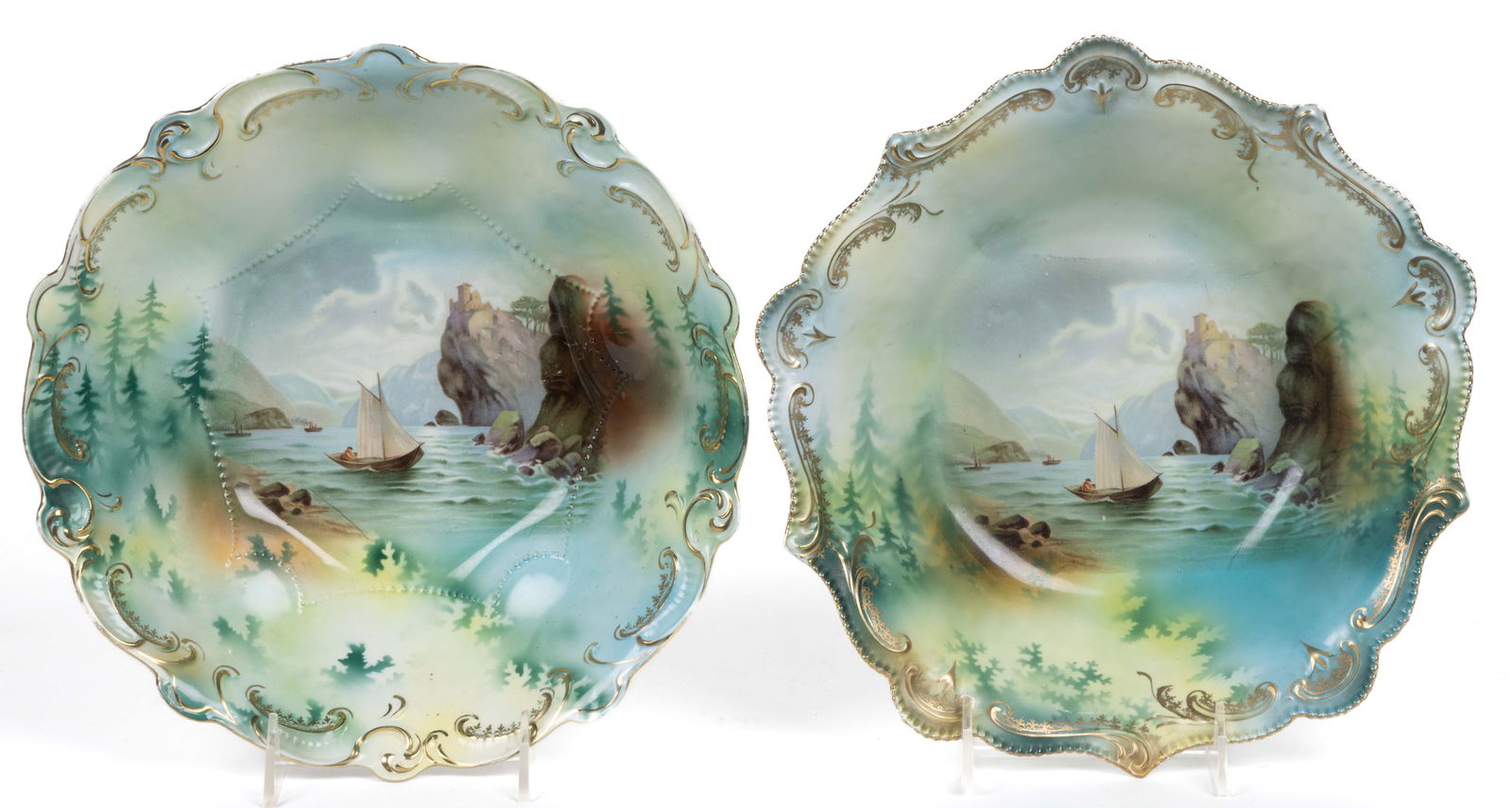 R.S. PRUSSIA PORCELAIN SCENIC NAUTICAL / SHIP MOTIF BOWLS, LOT OF TWO: R.S. PRUSSIA PORCELAIN SCENIC NAUTICAL / SHIP MOTIF BOWLS, LOT OF TWO, comprising one RSP Mold 304 example and one having molded scroll rim design and beaded swag to interior, each featuring so-called