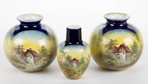 R.S. PRUSSIA COTTAGE / MILL SCENIC MOTIF COBALT VASES, LOT OF THREE