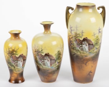 R.S. PRUSSIA PORCELAIN SCENIC MOTIF VASES, LOT OF THREE