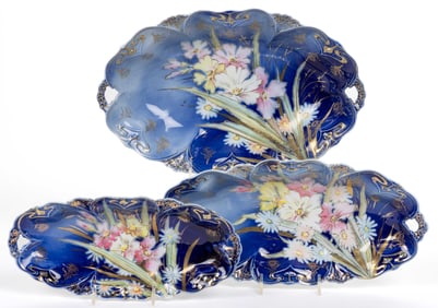 R.S. GERMANY PORCELAIN FLORAL MOTIF COBALT-DECORATED TRAYS, LOT OF THREE