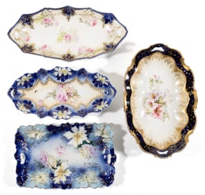 R.S. PRUSSIA PORCELAIN COBALT-DECORATED FLORAL MOTIF TRAYS, LOT OF FOUR