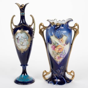 R.S. PRUSSIA-STYLE PORCELAIN COBALT VASES, LOT OF TWO