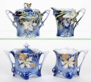 R.S. PRUSSIA PORCELAIN COBALT-DECORATED FLORAL MOTIF TEA ARTICLES, LOT OF FOUR