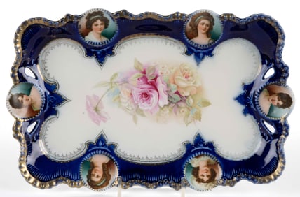 R.S. PRUSSIA PORCELAIN COBALT-DECORATED PORTRAIT MEDALLION TRAY