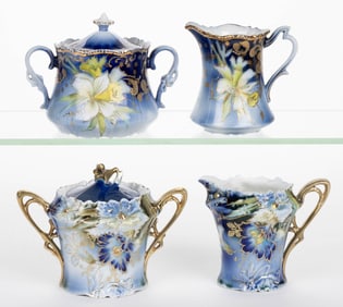 R.S. PRUSSIA PORCELAIN COBALT-DECORATED FLORAL MOTIF TEA ARTICLES, LOT OF FOUR