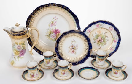 R.S. PRUSSIA-STYLE PORCELAIN COBALT-DECORATED CHOCOLATE AND TABLE ARTICLES, LOT OF 15