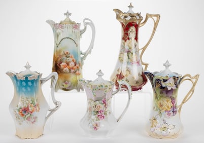 R.S. PRUSSIA / GERMANY PORCELAIN FLORAL MOTIF CHOCOLATE POTS, LOT OF FIVE