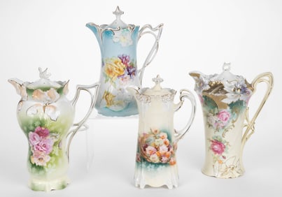 R.S. PRUSSIA / GERMANY PORCELAIN FLORAL MOTIF CHOCOLATE POTS, LOT OF FOUR