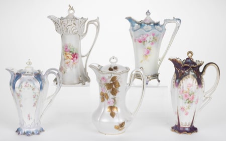 R.S. PRUSSIA PORCELAIN FLORAL MOTIF CHOCOLATE POTS, LOT OF FIVE