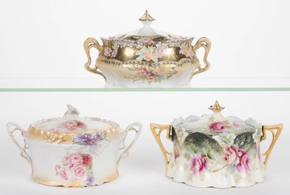 R.S. PRUSSIA / GERMANY PORCELAIN ROSE MOTIF CRACKER JARS, LOT OF THREE