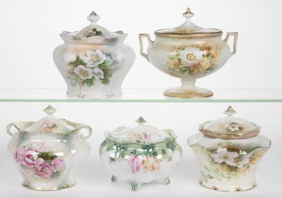 R.S. PRUSSIA PORCELAIN FLORAL MOTIF BISCUIT AND CRACKER JARS, LOT OF FIVE