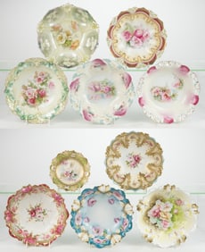 R.S. PRUSSIA PORCELAIN FLORAL MOTIF SERVING AND OTHER BOWLS, LOT OF TEN
