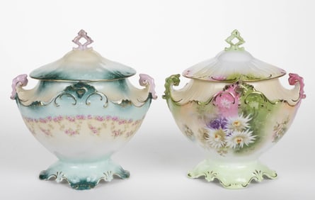 R.S. PRUSSIA PORCELAIN FLORAL MOTIF CRACKER JARS, LOT OF TWO