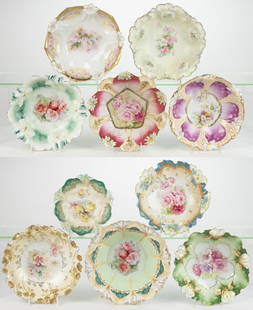 R.S. PRUSSIA PORCELAIN FLORAL MOTIF SERVING AND OTHER BOWLS, LOT OF TEN: R.S. PRUSSIA PORCELAIN FLORAL MOTIF SERVING AND OTHER BOWLS, LOT OF TEN, including one RSP Mold 28 examples with pink roses and light blue border, one RSP Mold 31 example with satin finish, two RSP Mo