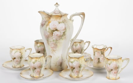 R.S. PRUSSIA PORCELAIN FLORAL MOTIF 13-PIECE CHOCOLATE SET