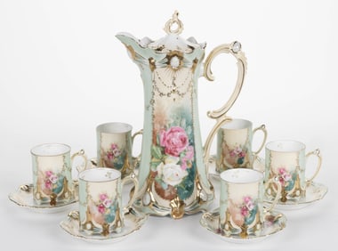 R.S. PRUSSIA PORCELAIN FLORAL MOTIF 13-PIECE CHOCOLATE SET