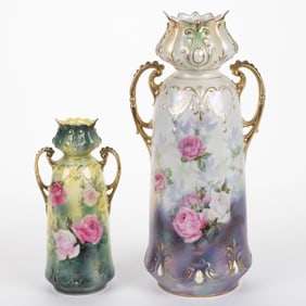 R.S. PRUSSIA PORCELAIN ROSE MOTIF VASES, LOT OF TWO