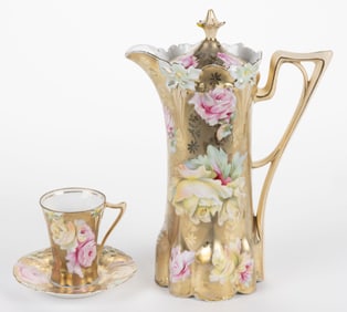 R.S. PRUSSIA PORCELAIN ROSE MOTIF PARTIAL CHOCOLATE SET, LOT OF TWO