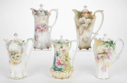 R.S. PRUSSIA PORCELAIN FLORAL MOTIF CHOCOLATE POTS, LOT OF FIVE