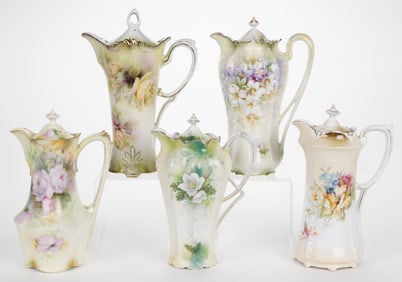 R.S. PRUSSIA PORCELAIN FLORAL MOTIF CHOCOLATE POTS, LOT OF FIVE